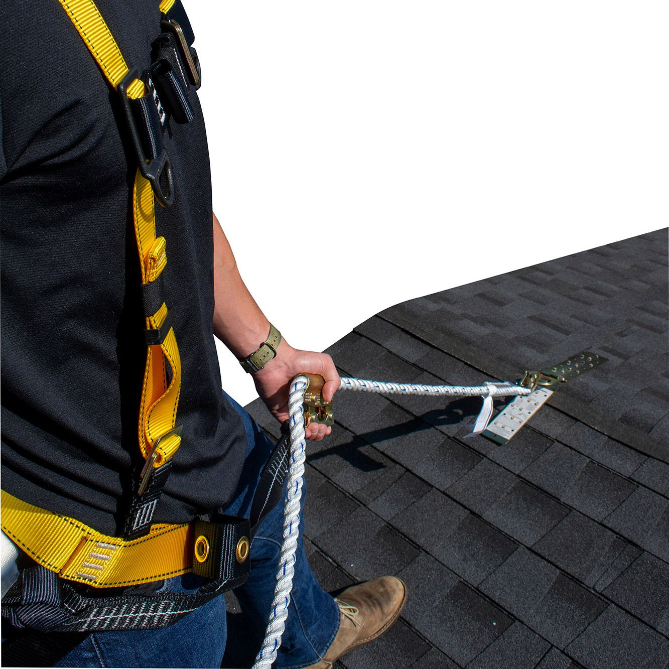 Product Roofer Tying Off to Roof